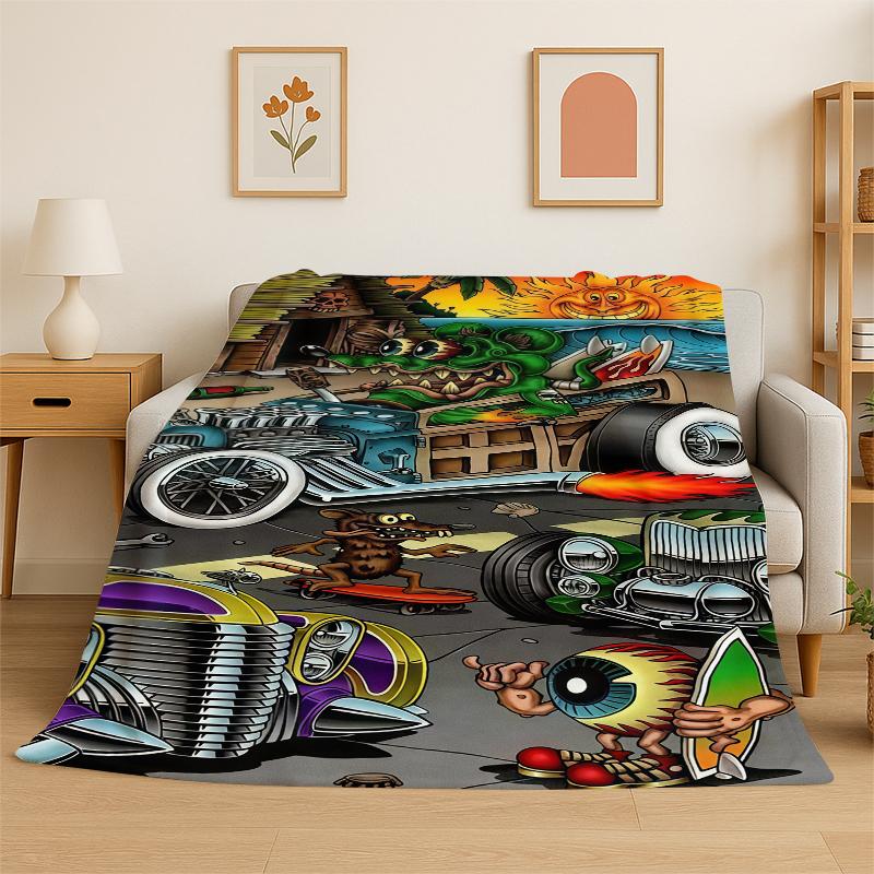 

3D Rat Fink Cartoon Racing Car Moto Sign Flannel Blanket Soft Warm Throw Blanket for Bedroom Living Room Bed Travel Picnic Gift 75x90cm