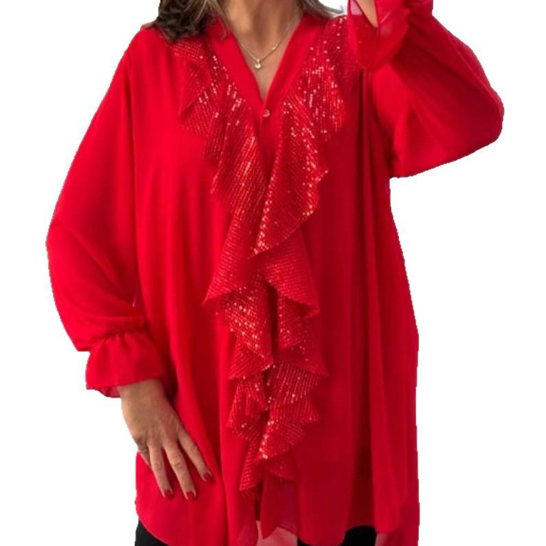 2024 V-neck Chiffon Long Sleeve Mid-length Shirt with Sequin Patchwork for Women