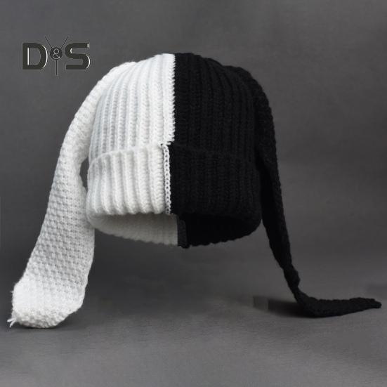 Cappello a Maglia Invernale Lungo con Decorazione Orecchie da Coniglio Colore a Contrasto Unisex Spesso Caldo Alta Elasticità Antivento Copricapo Cappello per Clima Freddo per Sci e