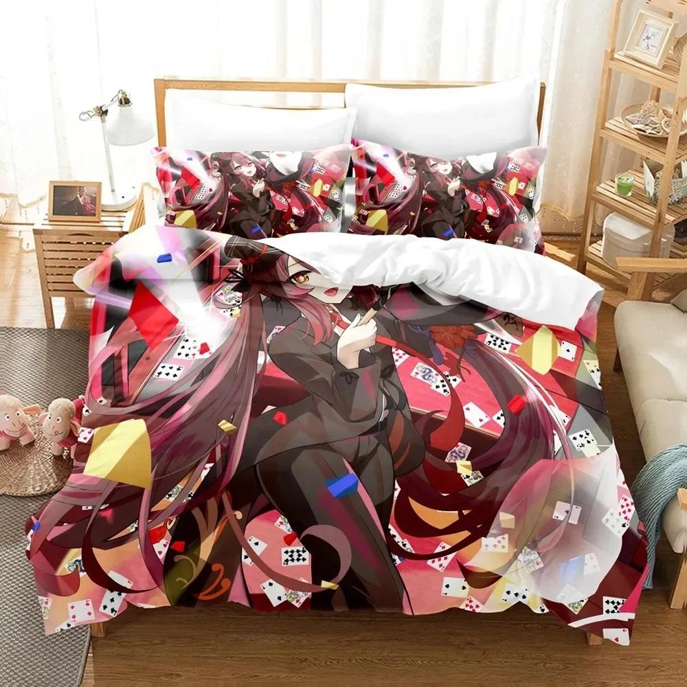 Hu Tao Bedding Set Genshin Impact Duvet Cover 3D Game Home Textile with Pillowcase for Teens Adults Kids Men Women Bedroom Decor