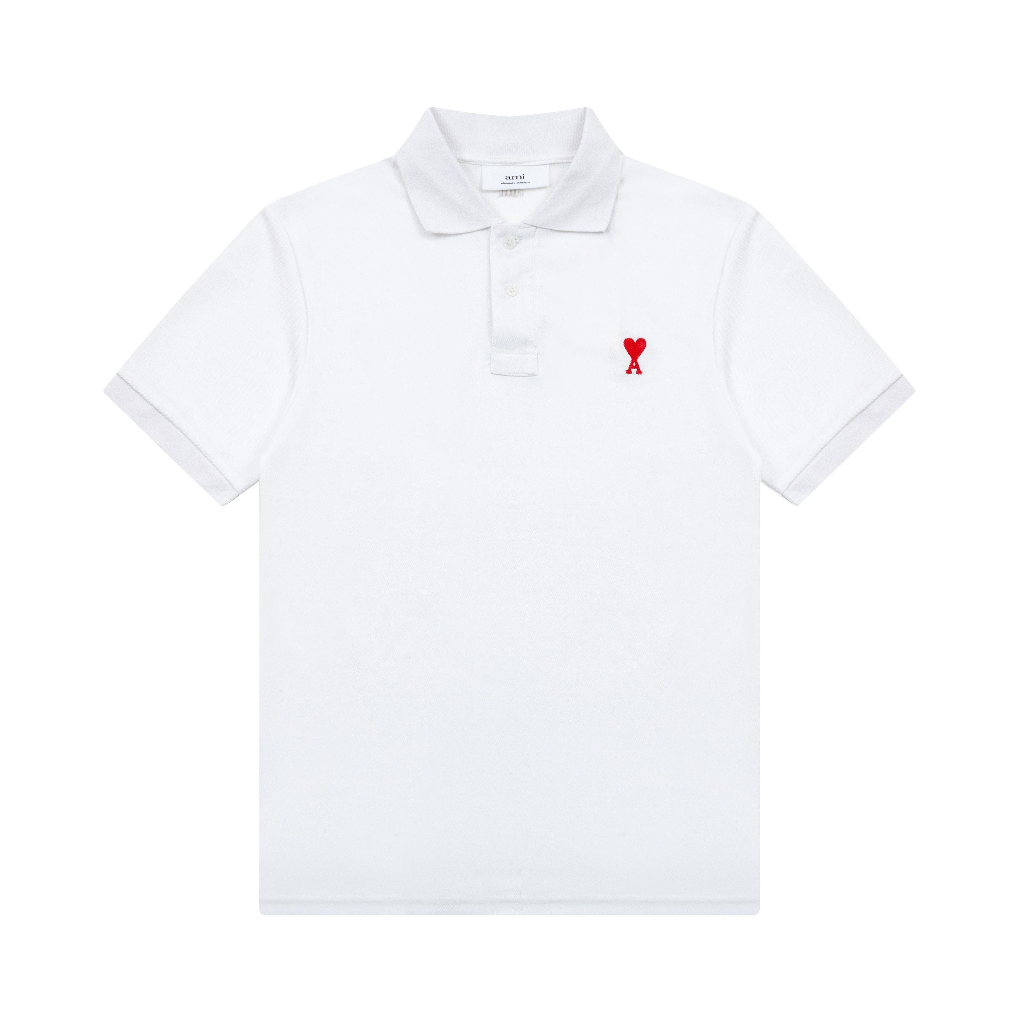 AMI Lente en Zomer Kraag Klassiek Hart Borduurwerk Letter A Perzik Hart Puur Katoen Heren en Dames Poloshirt Korte Mouw M wit