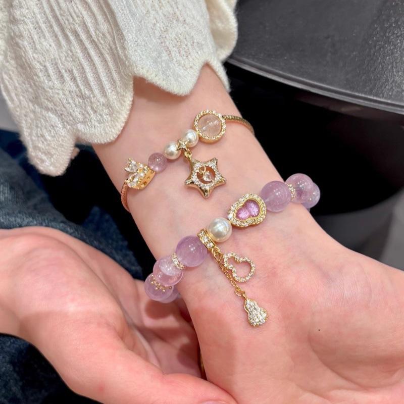 Gilt Pastel Natural Pink Crystal Bracelet, Amethyst Bracelet for Women, Light Luxury Fortune-Bringing Small Gourd, High-End Jewelry Gift