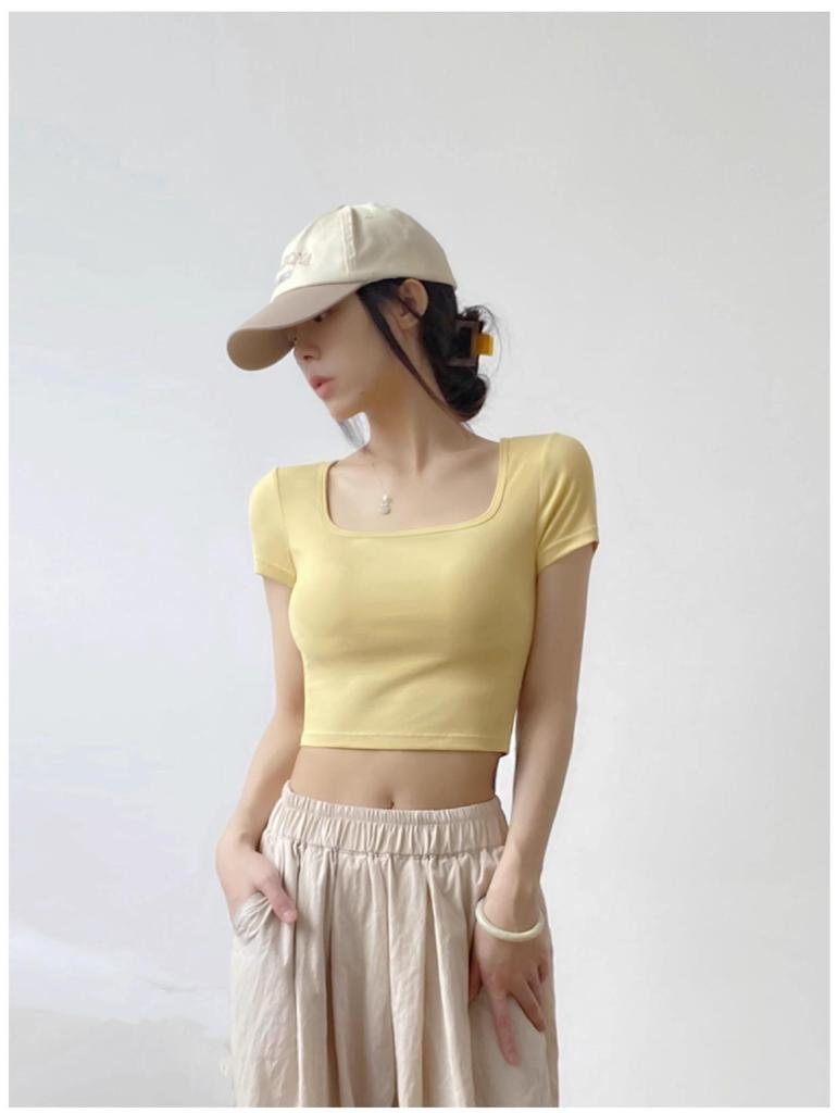 Wireless Bra Integrated Modal Square Neck Cool T-Shirt with Chest Pad