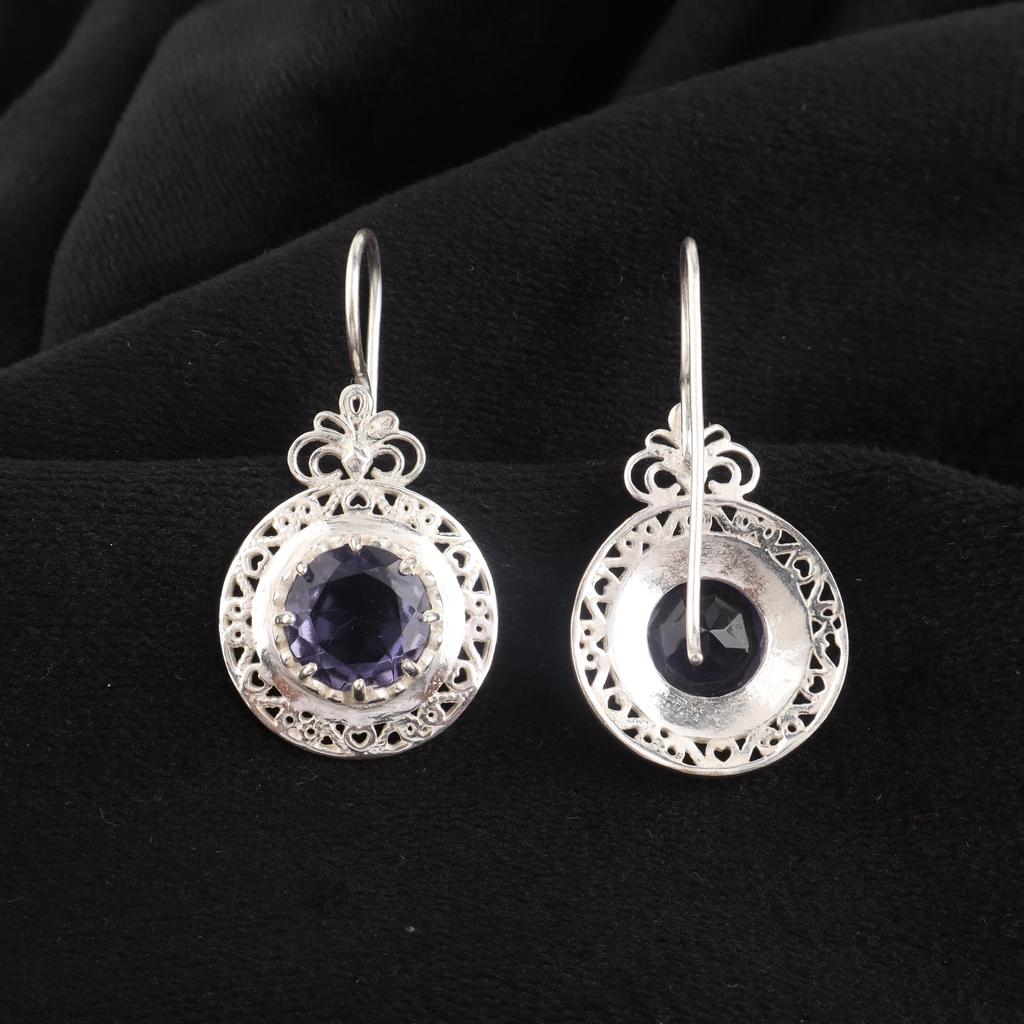 Natural Iolite Gemstone Silver Earrings 1.5", 925 Sterling Silver Jewelry, September Birthmonth Jewelry, Iolite Earrings, Thanksgiving Gift CE-25-2