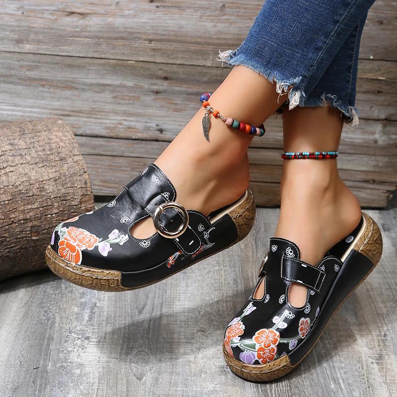 Women Print Flower Slippers Summer Fashion Flat Bottom Sandals Women Candy Color Flower Ethnic Style Slippers
