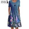 HNXC 30 Color Pleated Midi Dress Short Sleeve Round Neck Loose Hem Mid-Calf Length Women Floral A-Line Party Dress Casual Wear