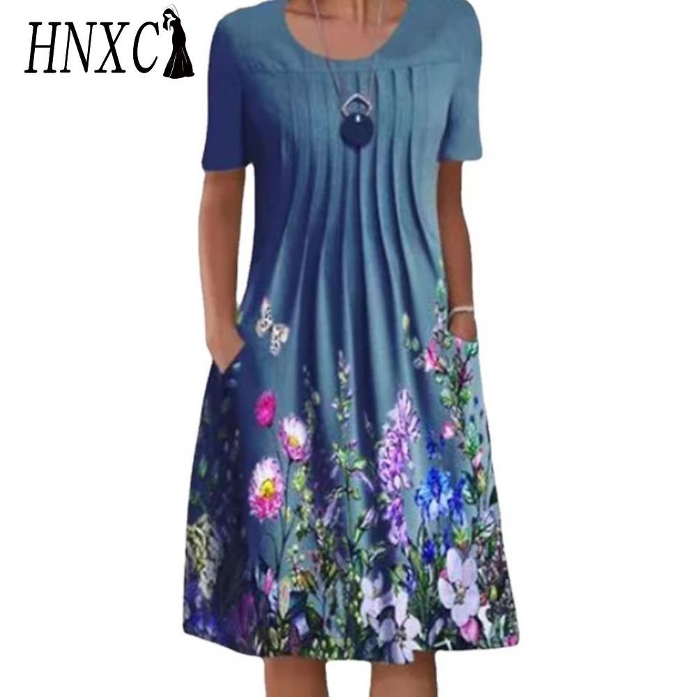 HNXC 30 Color Pleated Midi Dress Short Sleeve Round Neck Loose Hem Mid-Calf Length Women Floral A-Line Party Dress Casual Wear