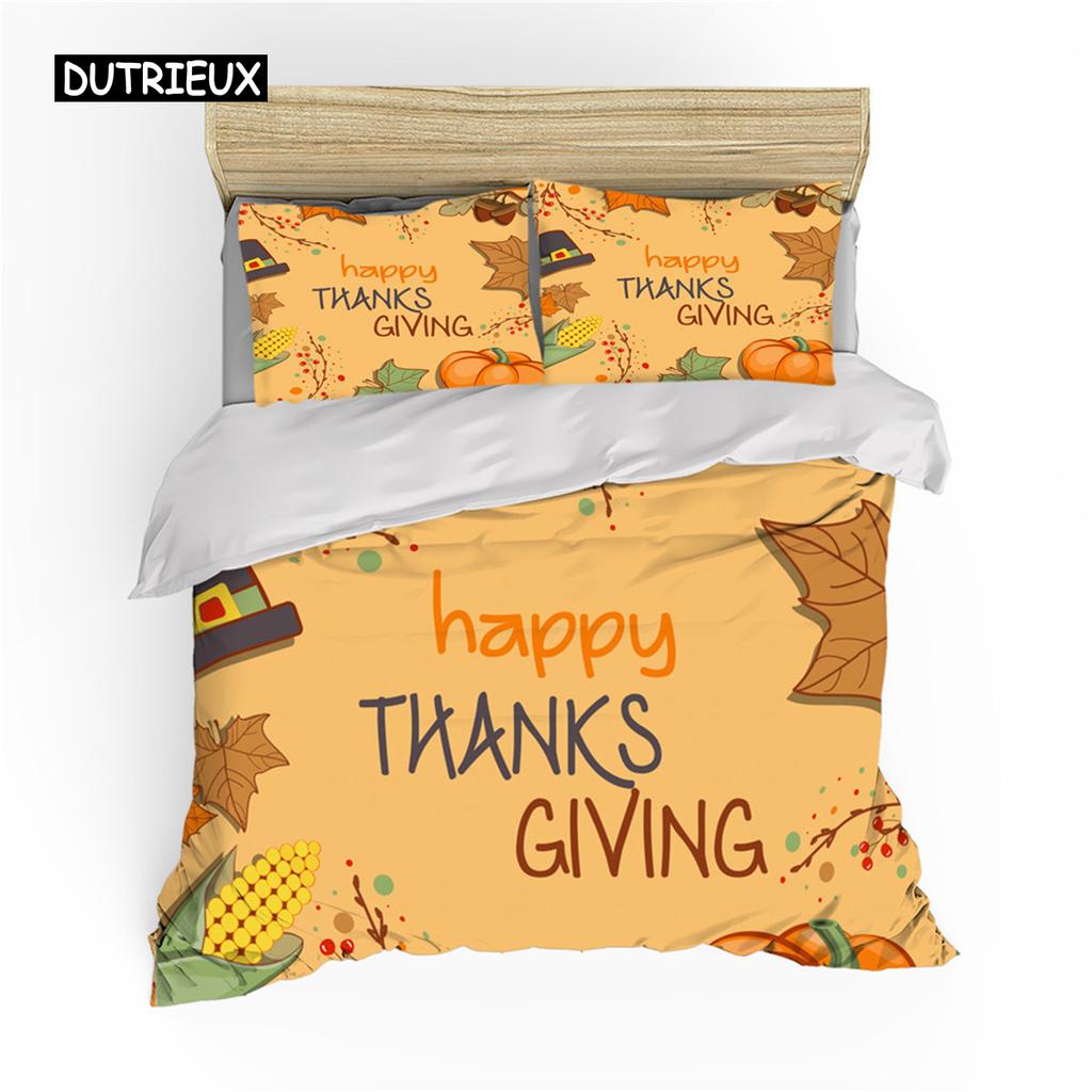 Autumn Thanksgiving Day Duvet Cover King Queen Cartoon Orange Pumpkin Turkey Bedding Set Maple Leaves Soft Polyester Quilt Cover