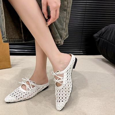 Mules Baotou Mode Été Nouveau Bout Pointu Bouche Peu Profonde Lacets Avant Tissu Semelle Souple Antidérapantes Résistantes à l'Usure Chaussures Plates