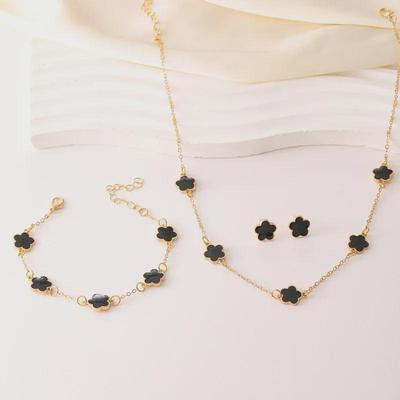 Lucky Flower Jewelry Set: Xiyin TEMU Five-Leaf Clover Necklace, Bracelet & Earrings 3-Piece Set for Women