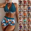 Women's Multi-Color Print Split Bikini Swimsuit with Drawstring and Flat Leg Fit