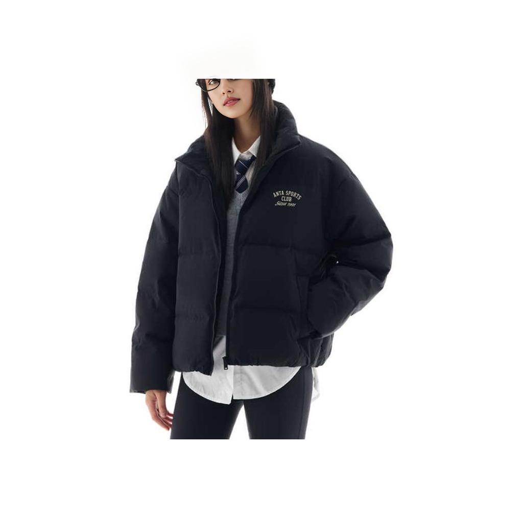 Anta Comfortable Breathable Loose Fit Down Jacket With Letter Zipper Stand Collar Women Outerwear Basic-Black 162448905N-4