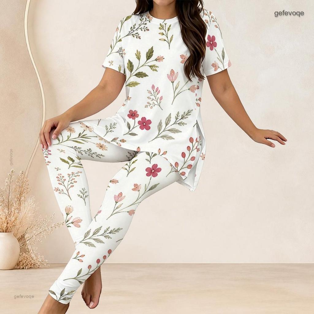 Women Plus Size Round Neck Short Sleeve Floral Printed Mint Green Two Piece Set Side Split Top Long Pants