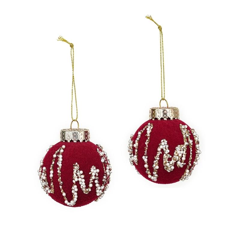 Wine Red Christmas Decorations with Soft-Looking Textured Finish, Gold Trim, and Hanging String for Holiday Tree and Porches