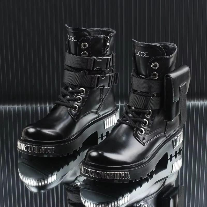 White Men's High-top Winter Velvet Warm British Medium Motorcycle Thick-soled Boots