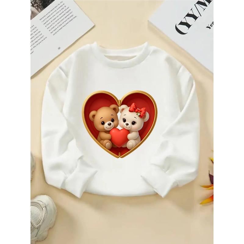 Kids Unisex Crewneck Sweatshirt, Couple Teddy Bears Holding Red Heart Inside Golden Heart Box Cartoon Print Soft Pullover For Kids Over 4 Years Old