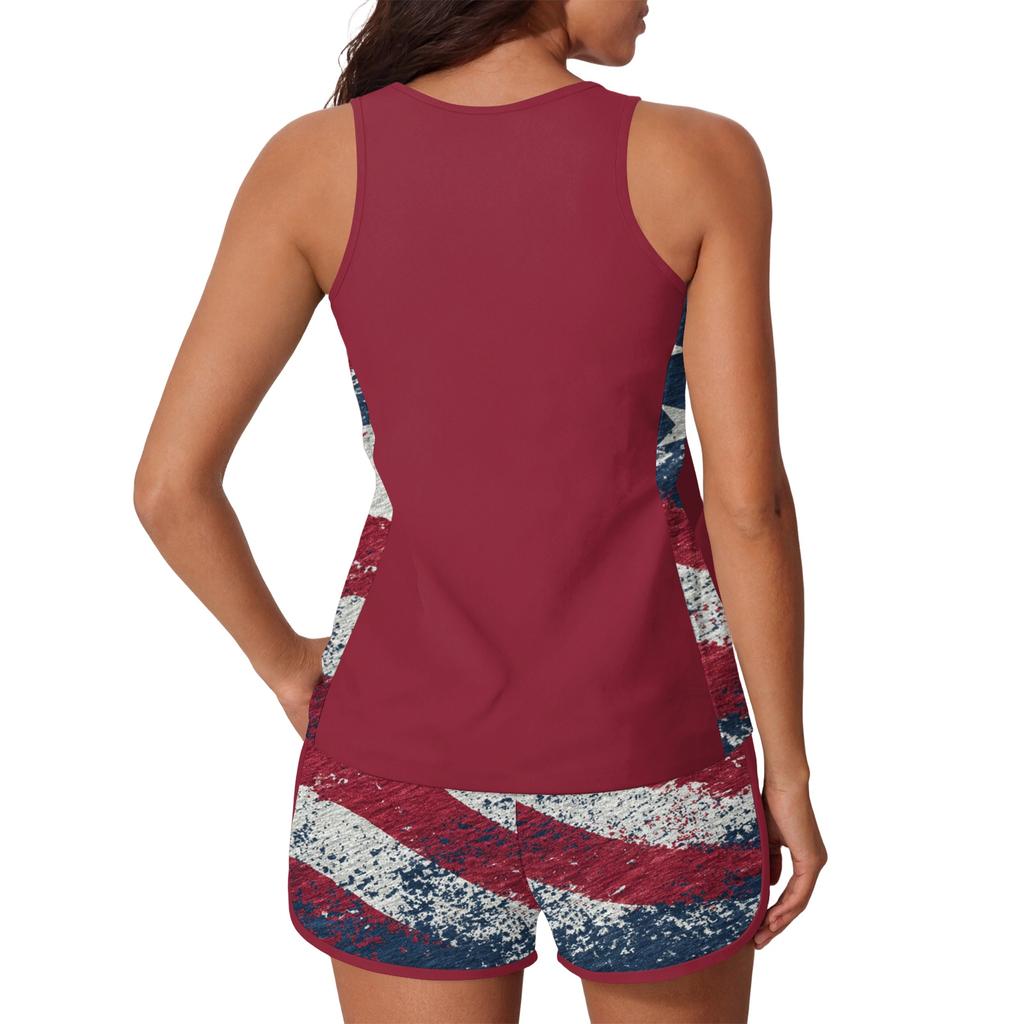 Womens Tankini Bathing Suits Two Piece Flag Print Athletic Tank Top with Boyshorts Modest Coverage Swimwear Set