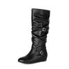 Large Size 48 Vintage Y2K Buckle Straps Fall Winter Knee‑High Boots Women Shoes Brown Hidden Wedge Heel Pleated Western Boots