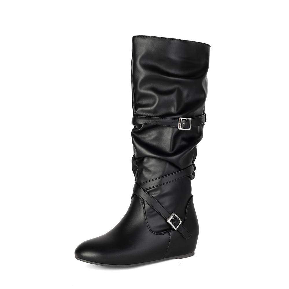 Large Size 48 Vintage Y2K Buckle Straps Fall Winter Knee‑High Boots Women Shoes Brown Hidden Wedge Heel Pleated Western Boots