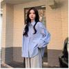 Camisa Listrada Azul de Manga Comprida Feminina Abotoamento Simples Minimalista Bolso Blusa Azul Estilo Coreano Lapela Moda Top Feminino
