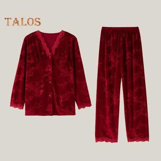 2 шт./комплект осень-зима женская пижама костюм кружевная отделка V-образный вырез принт — фото 7