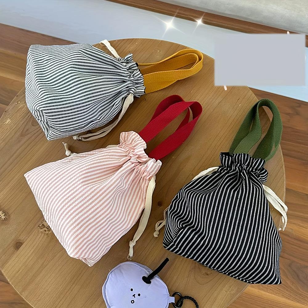1pc Preppy Style Striped Drawstring Tote Bag, Portable Polyester Handbag with Unlined Interior, Fashionable Travel Pouch for Cosmetics and Accessories