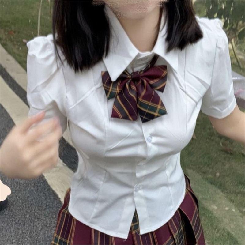 Pure Desire JK Uniform: Women's Slim-Fit Short Sleeve Shirt & Plaid Skirt Two-Piece Set
