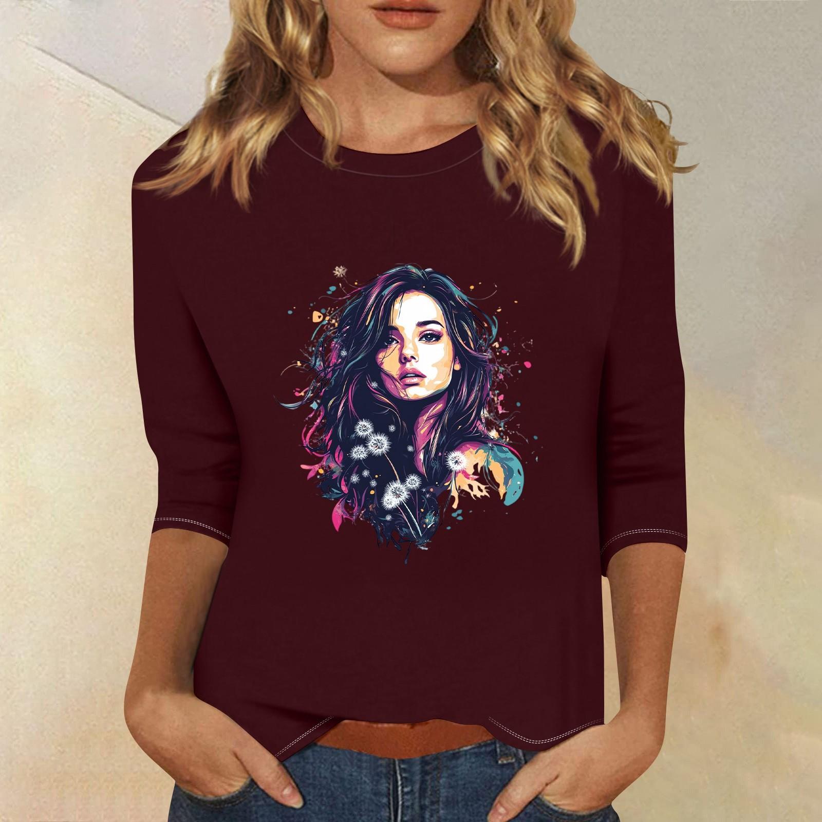 

3/4 рукава топы для женщин футболка повседневные принты топы футболка круглый вырез пуловер блузка S винный