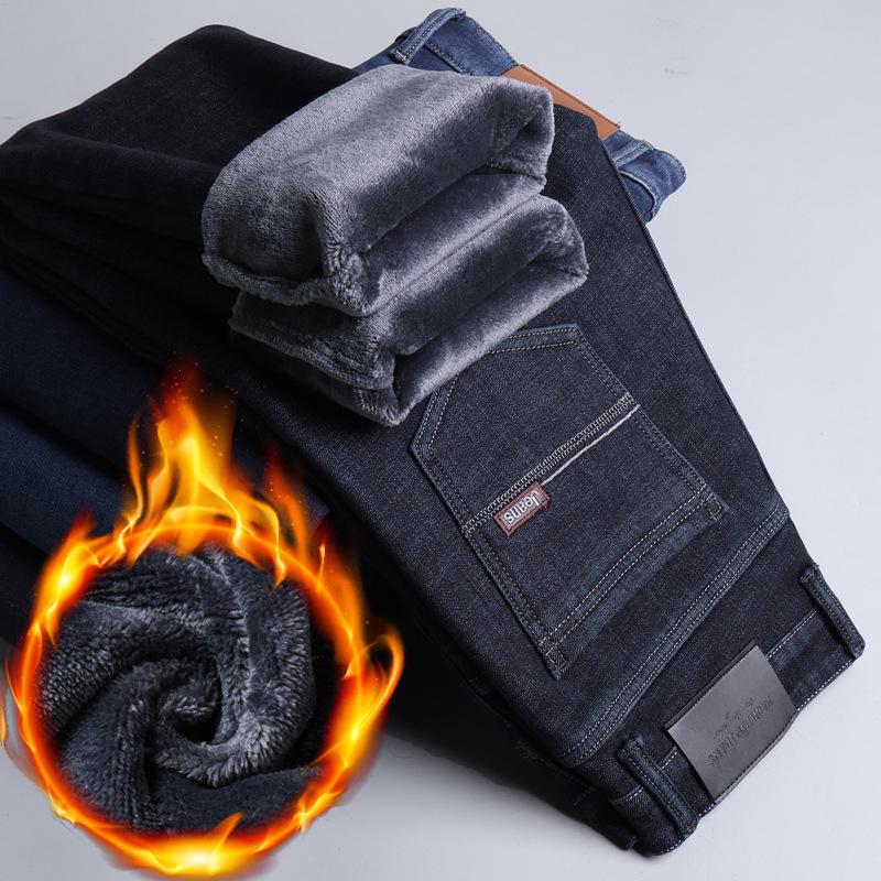 Spring And Autumn Winter New Men'S Plush/Regular Jeans Slimming Straight Stretch Business Versatile Long Pants