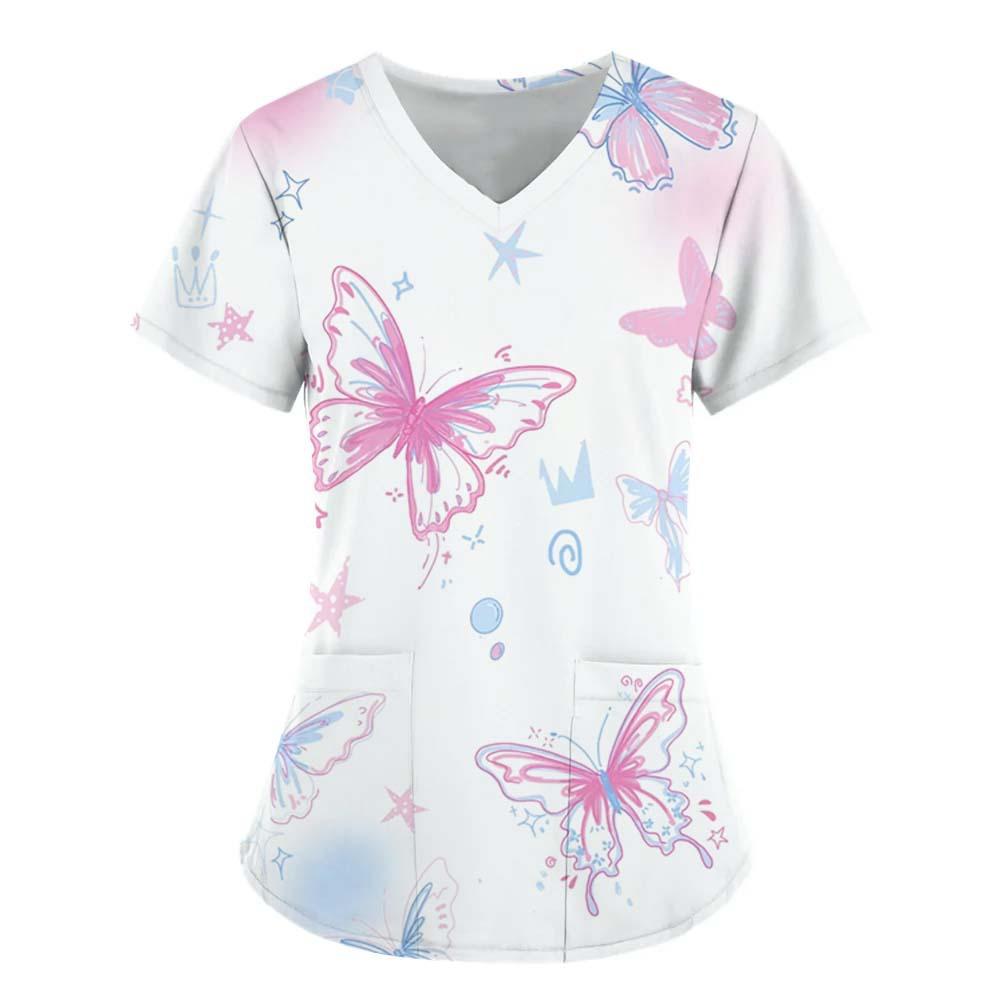 Women's T-shirt V-neck Nurse Uniform Commuting Comfortable Short Sleeved Butterfly Printed T-shirt for Women