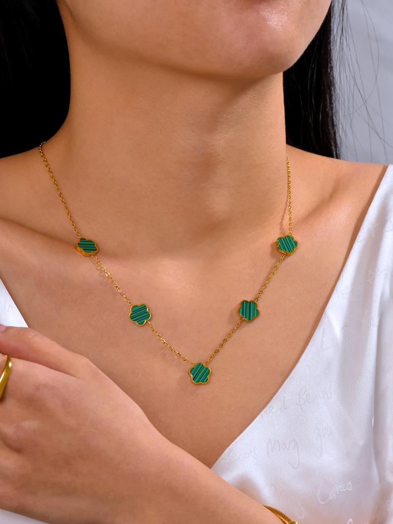 Fashion Elegant Simple Versatile Stainless Steel 18K Gold-Plated Lucky Clover Five Flowers Collar Bone Chain For Women