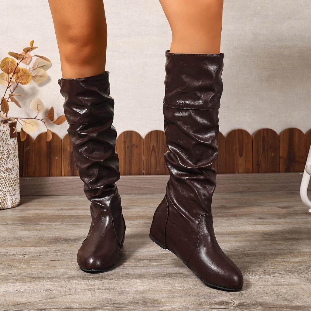 Damen kniehohe Keilstiefel Damen kniehohe Stiefel Runde Spitze Weite Wade zum Hineinschlüpfen Klobige Reitstiefel Für Schuhe Für Damen