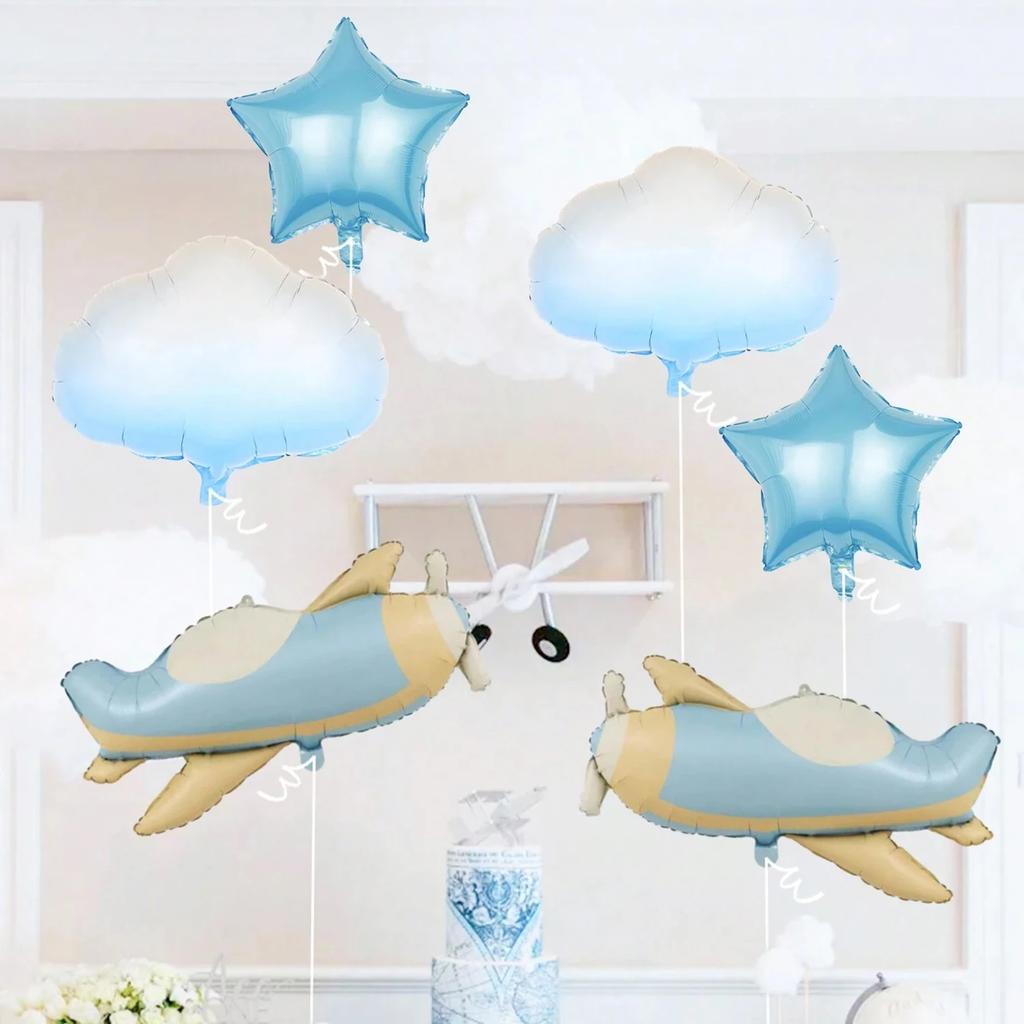 6pcs Matte Airplane Balloon Set, Airplane, White Cloud, Star Balloons, R Birthday Party, Adventure Theme Party Decorations