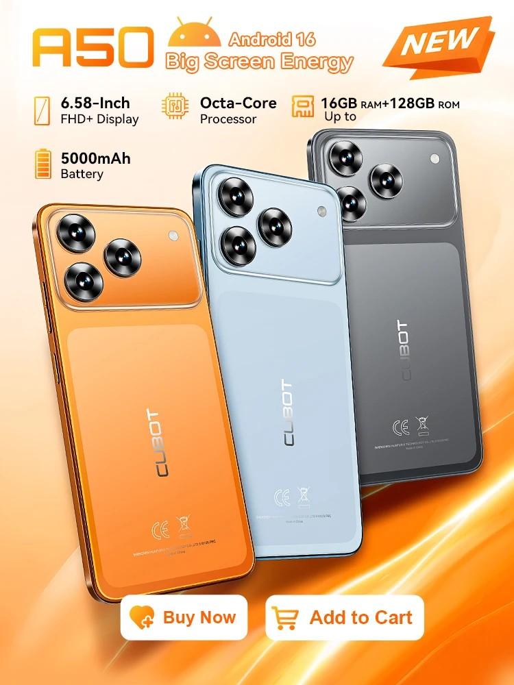 Smartphone Cubot A50 Android 16 Dual SIM 6GB 128GB 6.583-Inch 48MP 5000mAh Unlock Global Version NFC