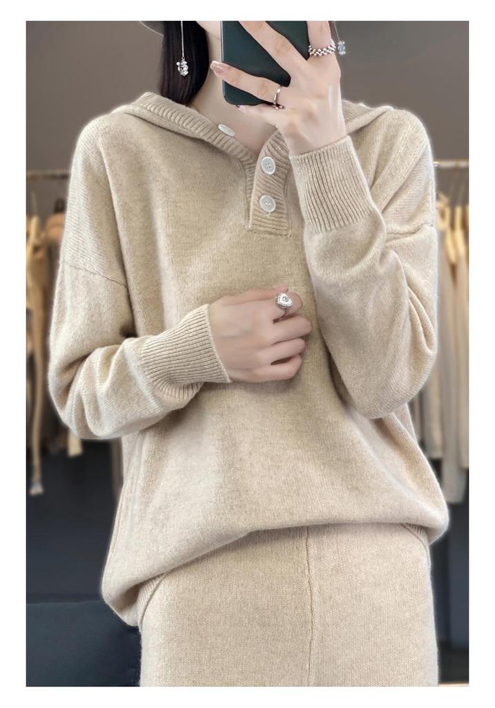 Women's Loose Cashmere Knit Hoodie Sweater Pullover