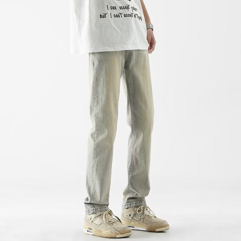 

Джинсовые брюки High Street для мужчин, ретро-состаренные, свободные прямые брюки, спортивные брюки с широкими штанинами, модные S