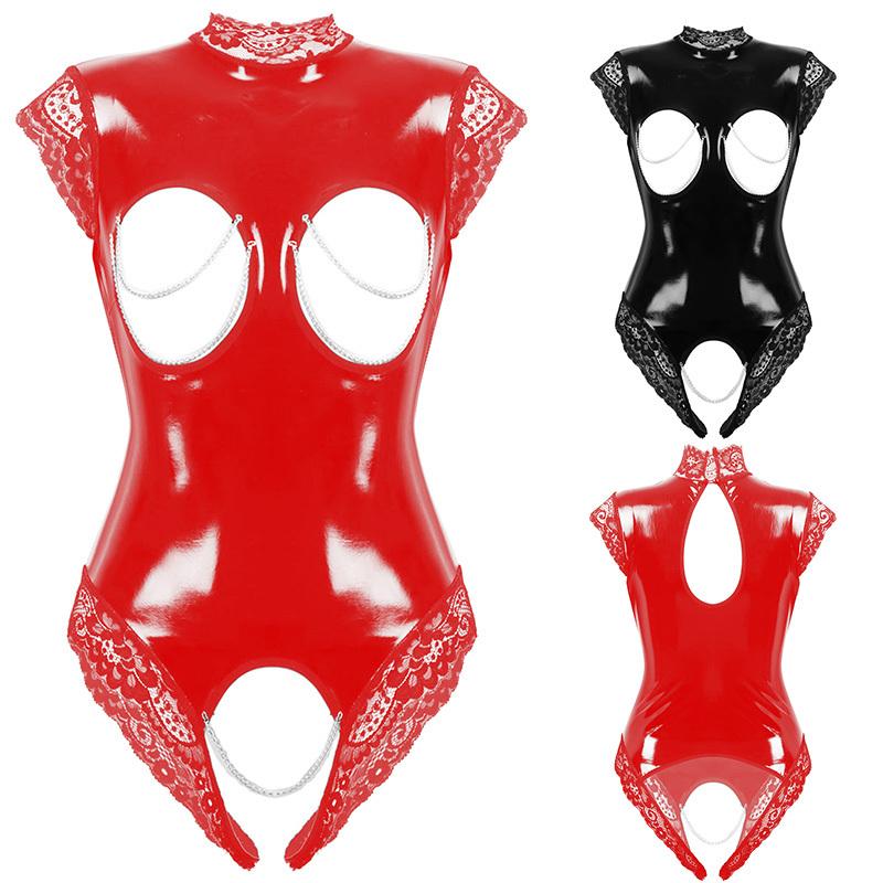 Einteiliger Wet-Look-Lackleder-Dessous für Damen, Stehkragen, ärmellos, ouvert, mit Spitzenbesatz besetzter Trikot-Body