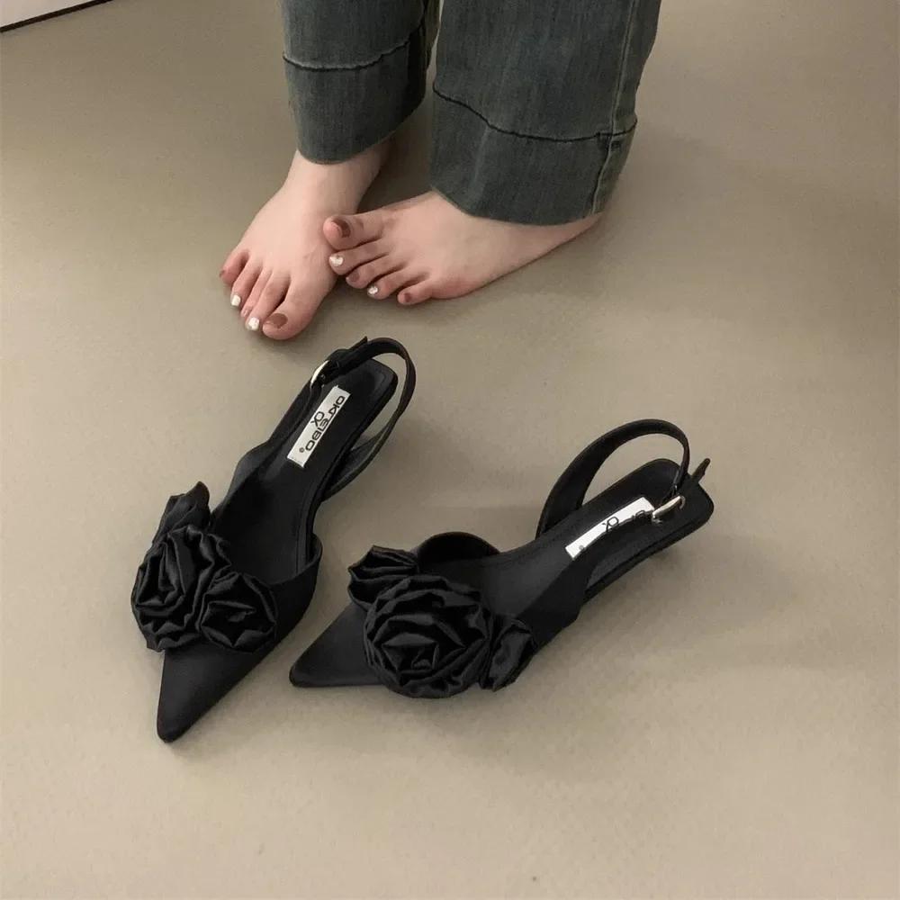Fashion Elegant Woman Sandals High Heeled Sweet Rose Closed Toe Footwear 2024 Summer Slingback Pointed Fashion Dress Ladies Shoes