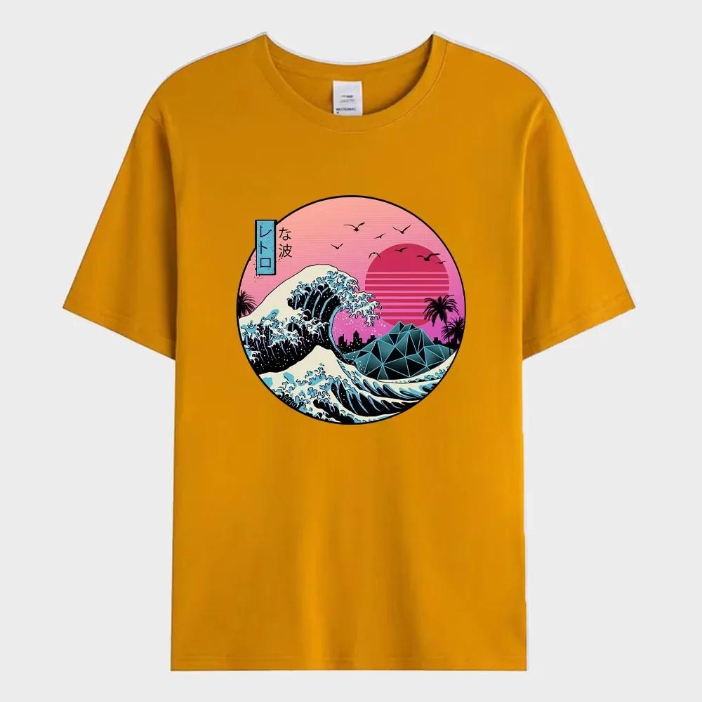 Camiseta Masculina de Verão Ondas do Pôr do Sol no Japão Camiseta Estampada Moda 100% Algodão Manga Curta Camiseta Oversized Roupas Masculinas