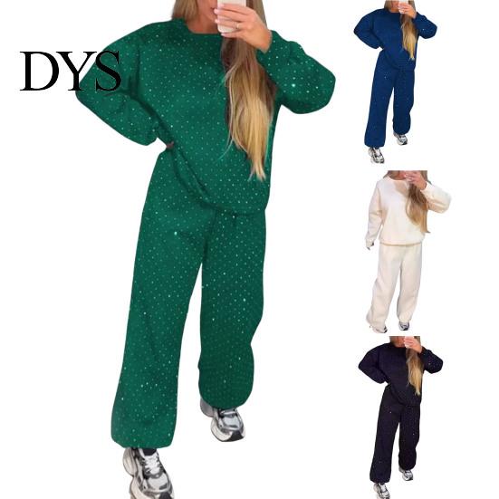 Women Spring Suit 2 Pcs/Set Top Pants Round Neck Long Sleeves Rhinestone Decor Sweatshirt Tracksuit Elastic Waist Wide Leg Trousers Daily Wear