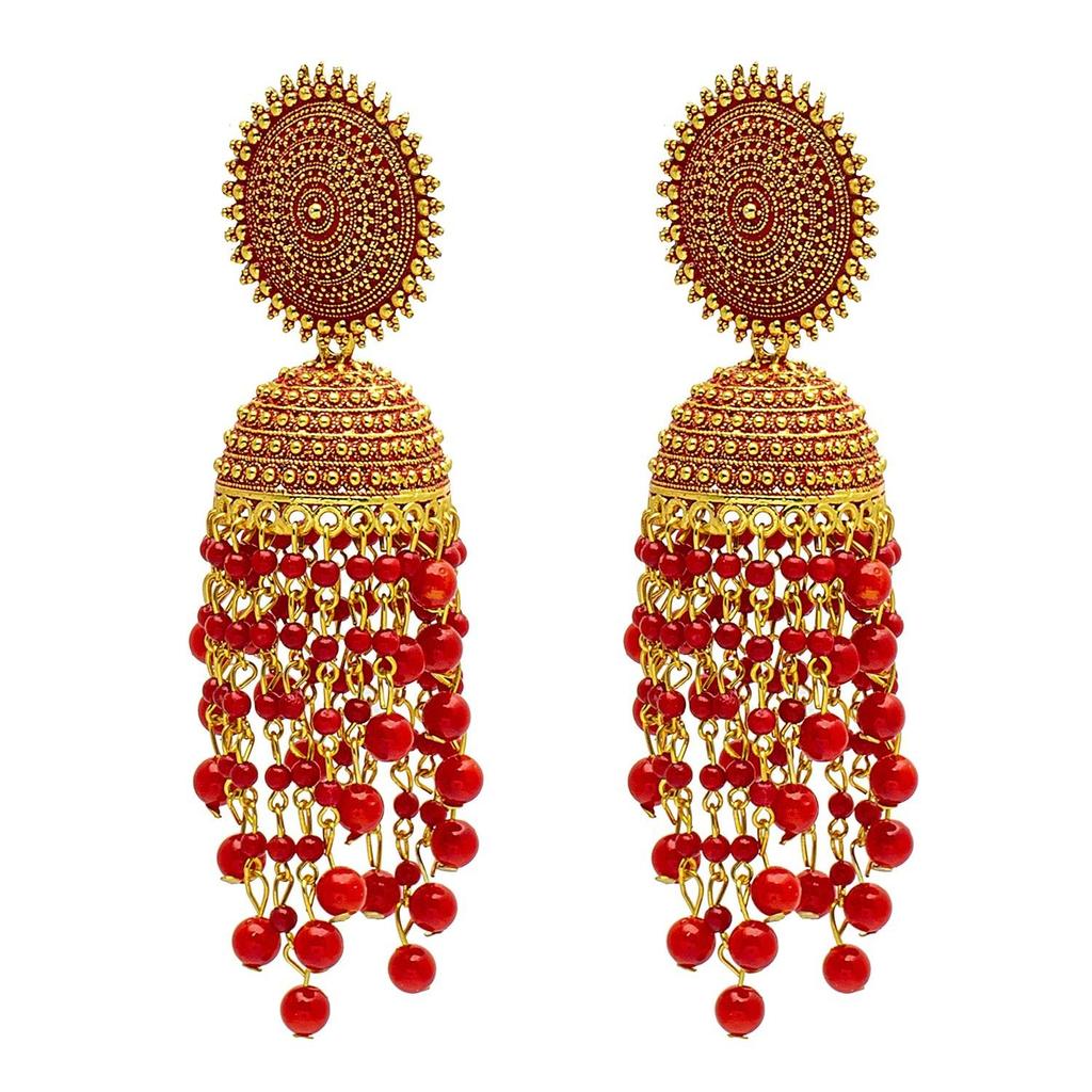 Women's Traditonal Indian Antique Gold Plated Black Meenakari, Pearls Jhumka Earrings