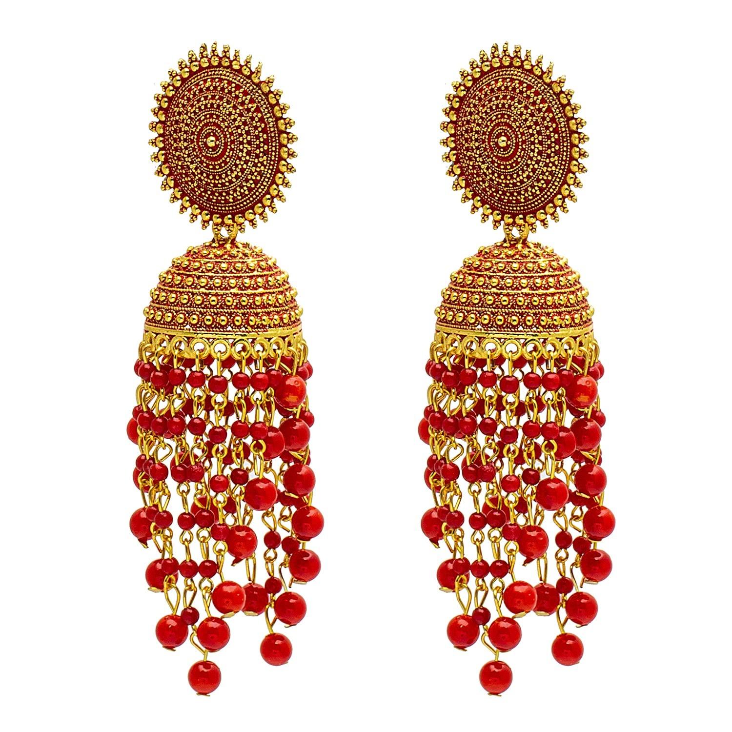 Women s Traditonal Indian Antique Gold Plated Black Meenakari, Pearls Jhumka Earrings Onesize красный