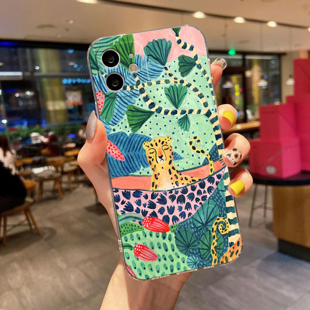 Tropical Jungle Print Leopard Sloth Clear Phone Case For iPhone 15 14 11 12 13 Pro Max Mini XS XR 8 7 Plus Back Cover Soft Cases