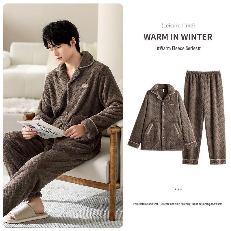 Men's Plus Size Flannel Cardigan Pajamas - Thickened Velvet Winter Homewear