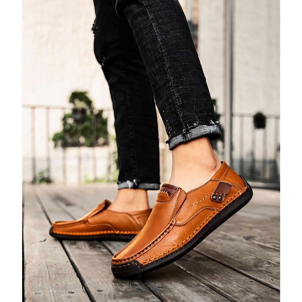 Ręcznie Szyte Męskie Outdoorowe Buty Casualowe, Skórzane Buty na Płaskiej Podeszwie, Niskie Buty Oversize