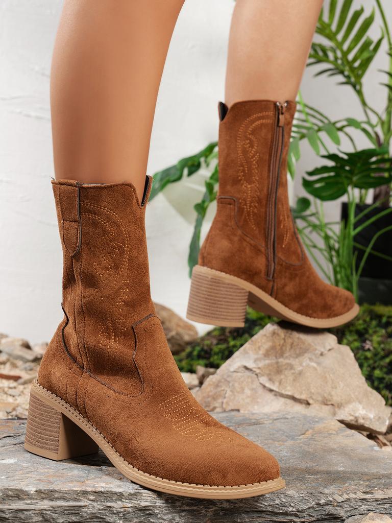 Fashion European and American retro embroidered mid-calf Western cowboy boots, thick heels for slimming, thin suede rider boots