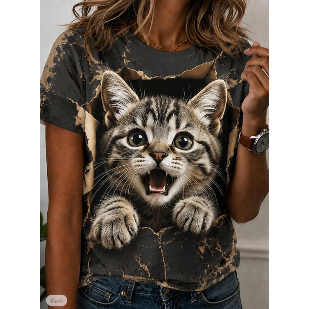 Fashion Women Retro Creative Cat Pattern Print T Shirt Funny Casual O-neck Short Sleeves T-shirt Summer Female Tee Shirt