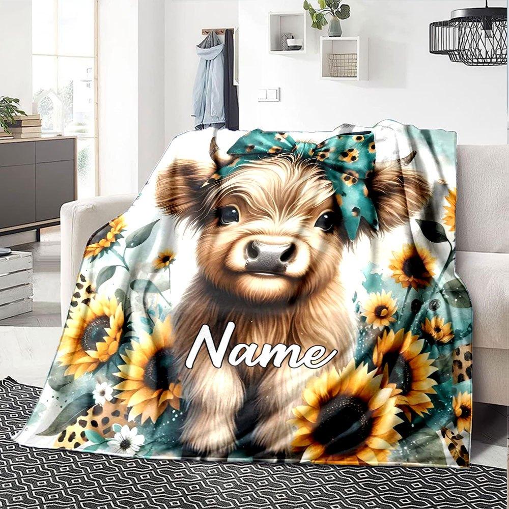Cute Cow With Sunflowers And Bow Cozy Customizable Blanket Customize Text Comfortable Great For Sofa Couch Office Bed Picnics Four Seasons Universal