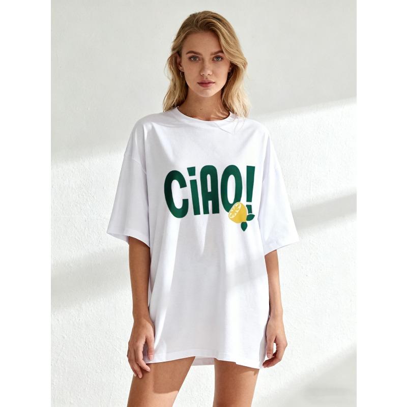 Oversized T Shirt Black Ciao Text And Lemon Print Casual Wear For Women