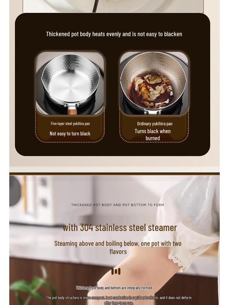 Xunshun Mehrschichtige Yukihira-Pfanne aus Edelstahl, Unbeschichteter Babykost-, Suppen- und Ramen-Topf